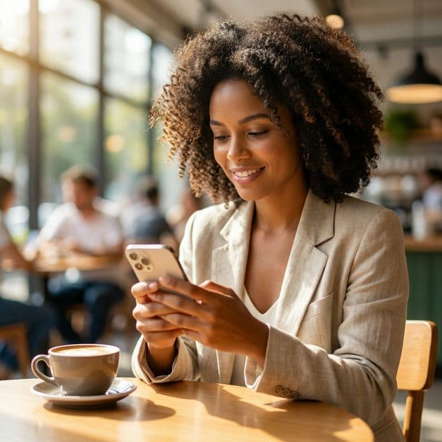 Empreendedora enviando catálogo de produtos pelo WhatsApp Business.