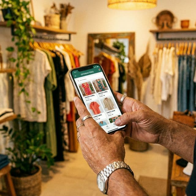 Dona da loja tirando as roupas das araras enquanto confere exatamente o tamanho GG sumido no sistema PWA na mão rapidão e com exatidões soltas.