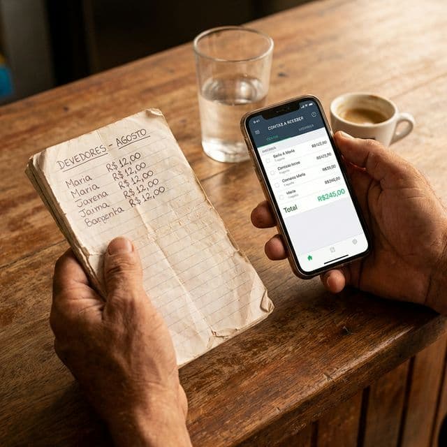 Caderno de anotações com contas de fiado sendo cobradas pelo celular.