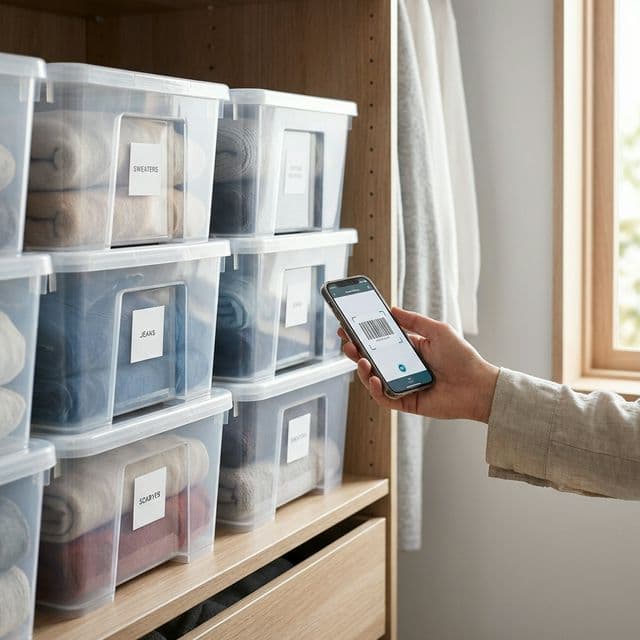 Empreendedora com caixas empilhadas cruzando itens para inventário limpo.