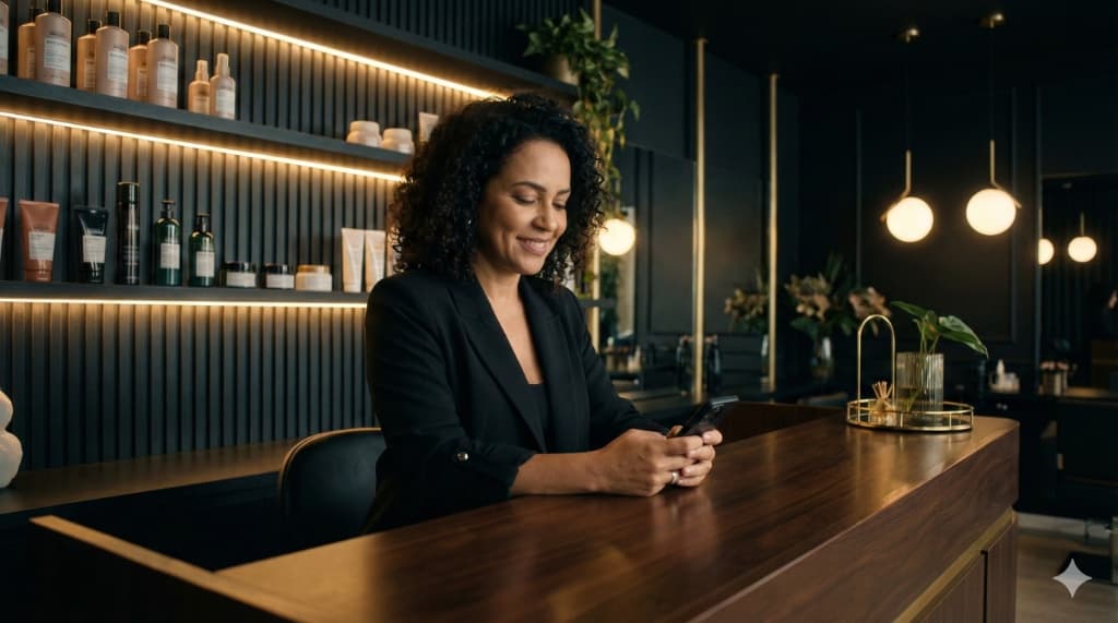 Dona do salão em paz, organizando seu negócio