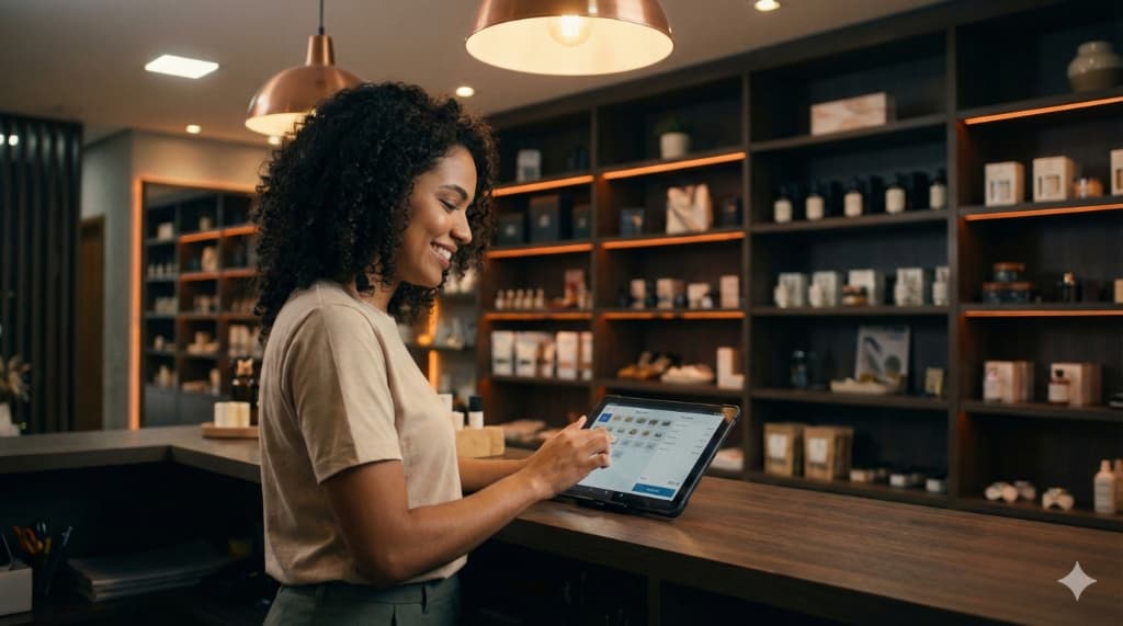 Vendedora calculando a margem de lucro real antes de conceder o desconto para a cliente no caixa.