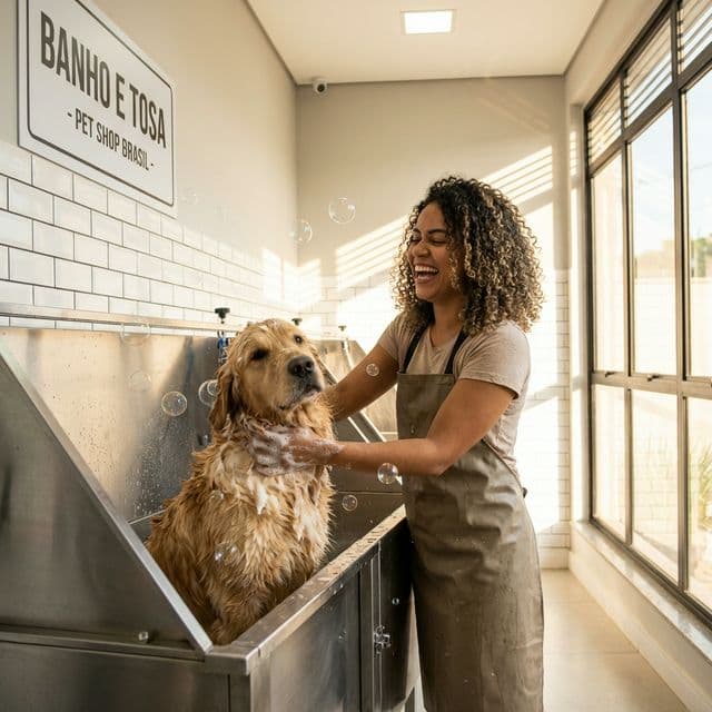 Dona do PetShop gerenciando os botões de produtos e a agenda do salão de tosa em um só dispositivo.
