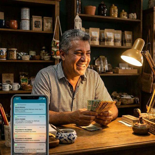 Dono de loja sorrindo ao conferir lista de clientes com fiado em dia.