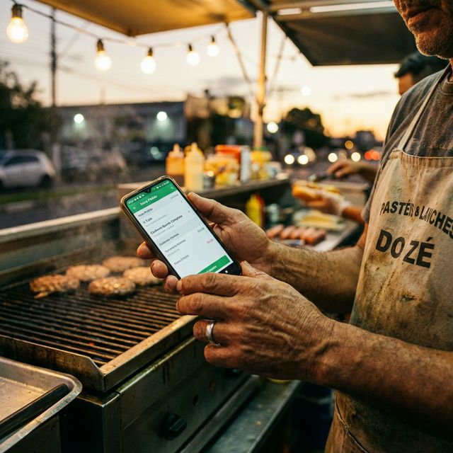 Cozinheiro lidando com pedidos online em um PWA link puro durante a alta operação das churrasqueiras no almoço rico.